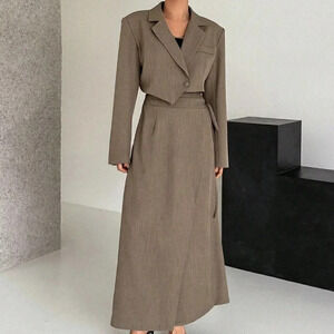 Brown Preppy Womens Women's Solid Color Slim Fit Double Breasted Blazer